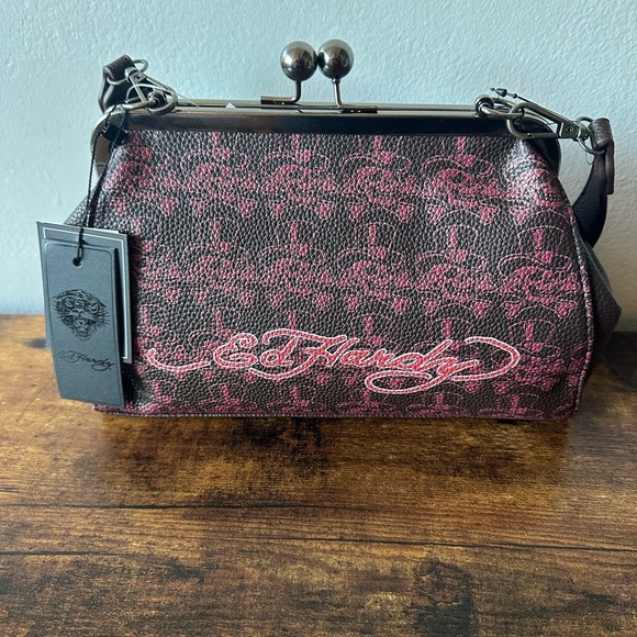 Ed Hardy Bag with Rhinestone Tiger, Skull & Bird Design Kiss Lock Purse NWT - Picture 6 of 8